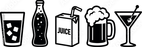 Line art set of five drink icons showing glass with ice soda bottle juice box beer mug martini glass