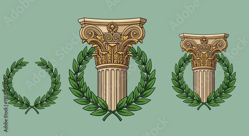 Elegant ancient Greek columns with laurel wreaths on sage green background
