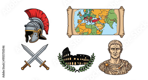 Roman Empire symbols and landmarks in colorful illustration