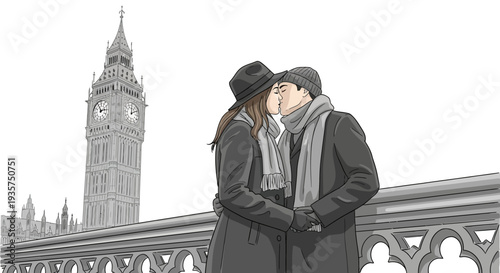 A romantic couple shares a tender kiss on a historic London bridge, with the iconic Big Ben tower majestically rising in the grayscale background.