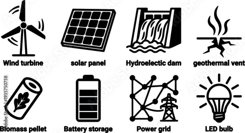 Flat design energy icons wind turbine solar panel hydroelectric dam geothermal vent biomass battery storage power grid led bulb