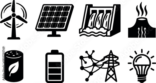 Flat design renewable energy icon set showing wind turbine solar panel hydro dam geothermal battery grid and lightbulb close up