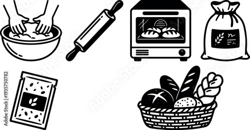 Line art vector baking icons hands kneading rolling pin oven with bread flour sack seeds packet basket of assorted loaves