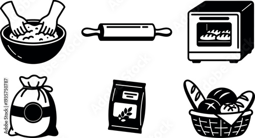 Flat design bakery icon set showing hands kneading dough rolling pin oven bag of flour and bread basket close up