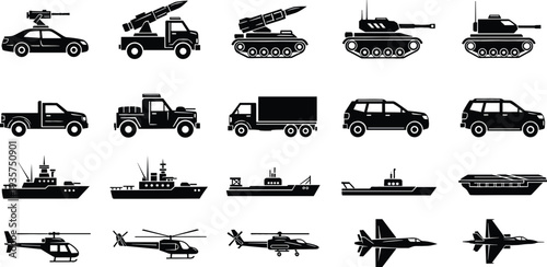 Military vehicles silhouette vector set including tanks trucks ships helicopters aircraft and armored transport black flat icon illustration