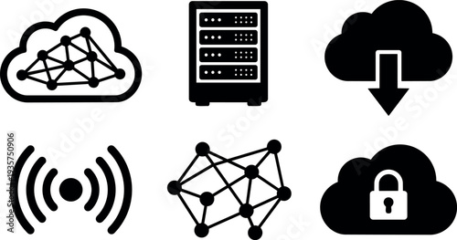 Flat design close up cloud network icons showing server download wireless signal neural nodes and security padlock simple monochrome vector