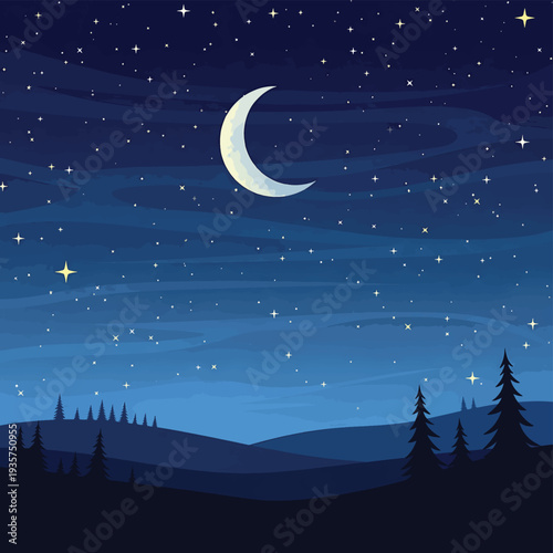Crescent Moon in Starry Night Sky.