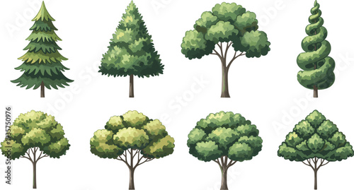 Collection of stylized trees including pine, topiary spiral, and lush canopy trees, perfect for landscaping, games, and design projects.