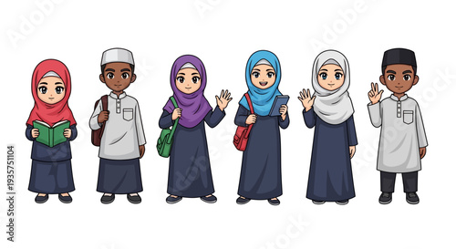 Diverse group of Muslim students in traditional attire with modern accessories