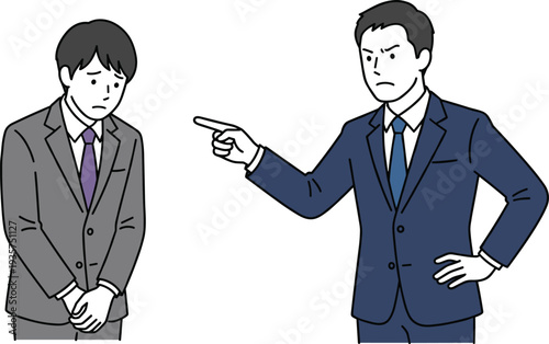 Two men in suits one pointing finger at the other with a serious expression