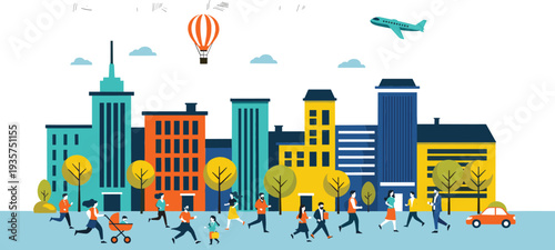 Modern city life illustration with people walking running and commuting in urban street scene flat colorful vector design