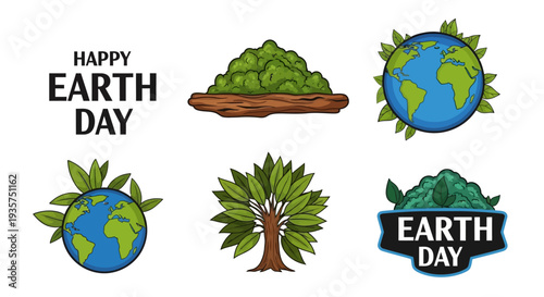Earth Day graphic elements with globe and trees