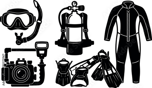 Flat vector silhouette close up scuba diving equipment set with mask snorkel tank regulator wetsuit fins camera rig detailed icons