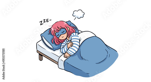 Cartoon woman peacefully sleeping in bed with sleep mask