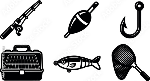 Flat design fishing gear icons set showing angled rod reel hook tackle box swimbait float and landing net close up