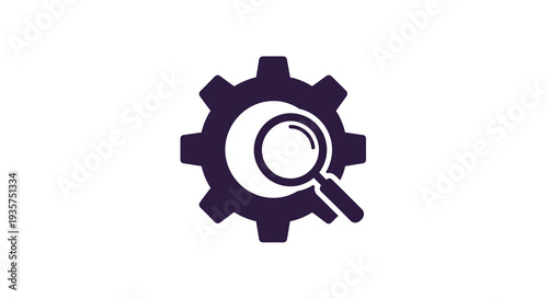Dark purple gear icon with a magnifying glass vector illustration design