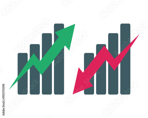 Diverging bar graphs show contrasting trends of growth and decline, symbolizing market fluctuations.