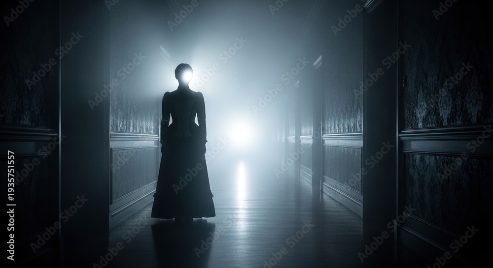 Fototapeta premium Woman in long dress walking down a dimly lit hallway