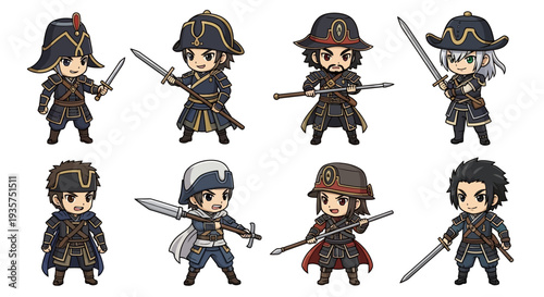 Cartoon warriors in various battle poses with swords and armor