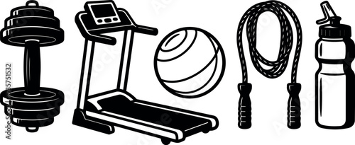 Line art gym equipment set with dumbbell treadmill medicine ball jump rope and water bottle close up black stroke vector