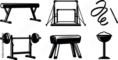 Minimalist icon set showing pommel horse parallel bars pommel vault barbell ribbon and chalk cup in bold black silhouette vector