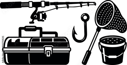 Flat vector silhouette fishing gear set close up with spinning rod and reel hook tackle box bait bucket landing net angled layout