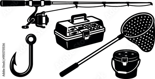 Flat design overhead layout of fishing rod reel tackle box landing net hook bait bucket in black silhouette vector