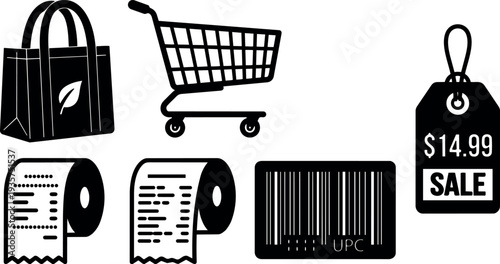 Flat design black shopping icons set reusable bag shopping cart receipt rolls barcode price tag ecommerce branding and resale minimal
