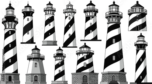 Lighthouse Tower Collection Black and White Vector Set of Coastal Maritime Navigation Beacons with Striped Lighthouse Architecture