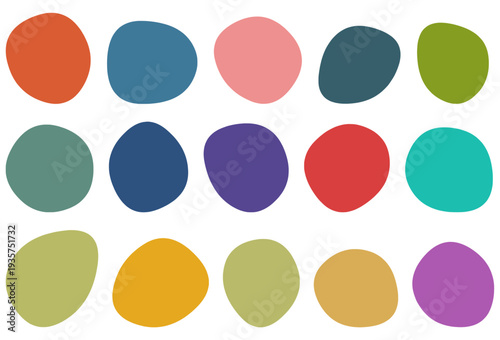 Colorful organic blob vector set, 15 irregular rounded shapes in boho styles, abstract liquid forms patterns illustrations. 