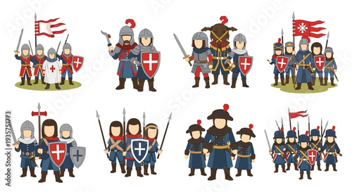 Crusader knights set in medieval armor with flags and shields