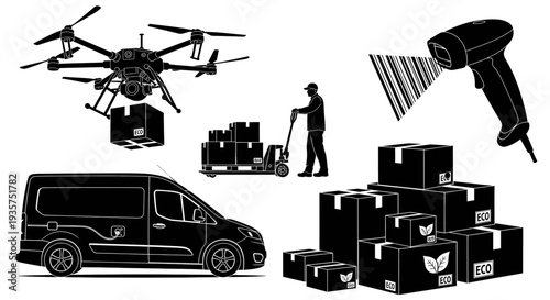 Modern Logistics and Smart Delivery Set: Cargo Drone, Electric Van, Barcode Scanner, Warehouse Worker, and Eco-friendly Packages.