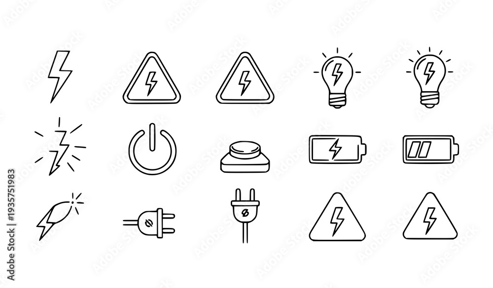 Fotografie Lightning and Electric Power Thin Line Icon Set