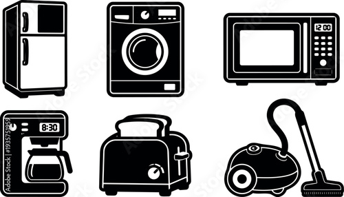 Flat design black and white close up household appliance icon set showing fridge washer microwave coffee maker toaster vacuum cleaner