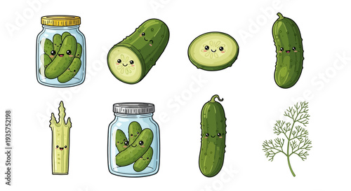 Cute pickled cucumbers and fresh vegetables illustrations