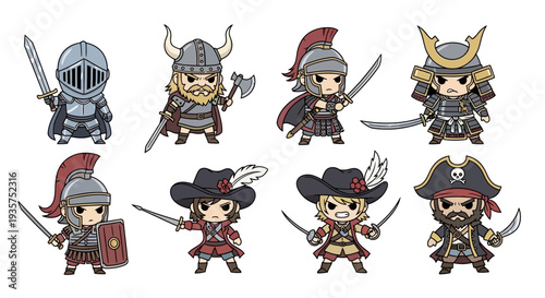 Set of cartoon warriors and pirates in various costumes