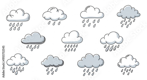 Hand Drawn Clouds Raining Weather Icons Collection.