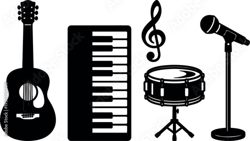 Flat design side view musical instruments set acoustic guitar keyboard snare drum microphone and treble clef isolated black silhouettes vector
