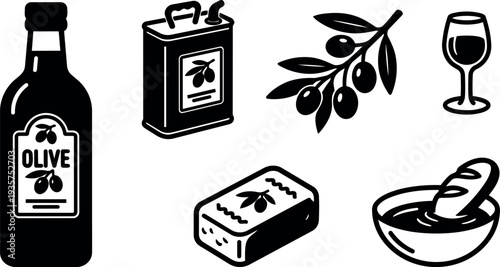 Flat vector icon set olive oil bottle tin olive branch glass soap bowl and loaf dip close up line art