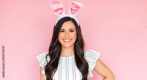 Easter bunny portrait smiling woman wearing pink bunny ears on easter