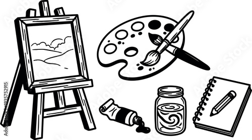 Line art hand drawn easel palette brushes paint jar sketchbook composition studio arrangement with bold ink outline illustration minimalist monochrome
