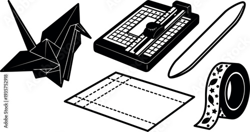 Flat vector craft supplies set overhead view origami crane paper cutter bone folder masking tape and scored paper in contrast