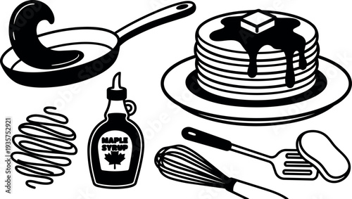 Line art vector close up stack of pancakes with butter and maple syrup pouring plus pan whisk and spatula breakfast