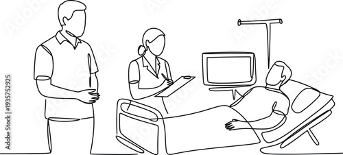 A doctor and a nurse attending to a patient in a hospital bed with a monitor nearby and a man standing beside them