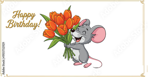 Cute birthday greeting illustration with happy mouse holding bouquet of orange tulips and decorative frame colorful cartoon vector design