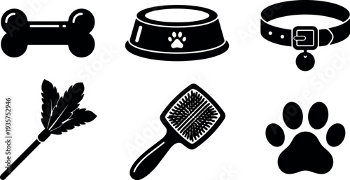 Flat design pet care icon set showing bone food bowl collar brush feather toy and paw print flat vector minimalist