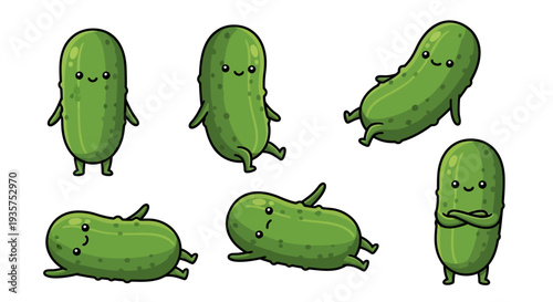 A group of cartoon pickles with different facial expressions