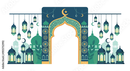 Ramadan Kareem Night Illustration with Mosque, Lanterns, Crescent Moon and Iftar Dates