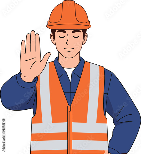 Construction worker in orange hard hat and safety vest making stop hand gesture for workplace hazard and safety