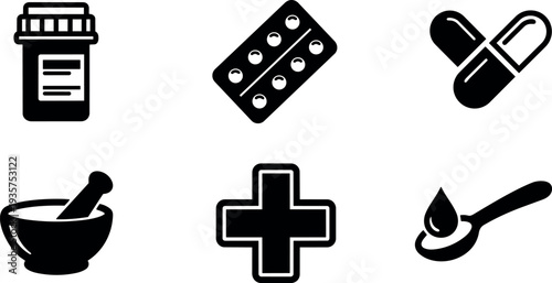 Flat design close up six medical icons mortar pill bottle blister pack capsules spoon drop cross black minimalist bold vector